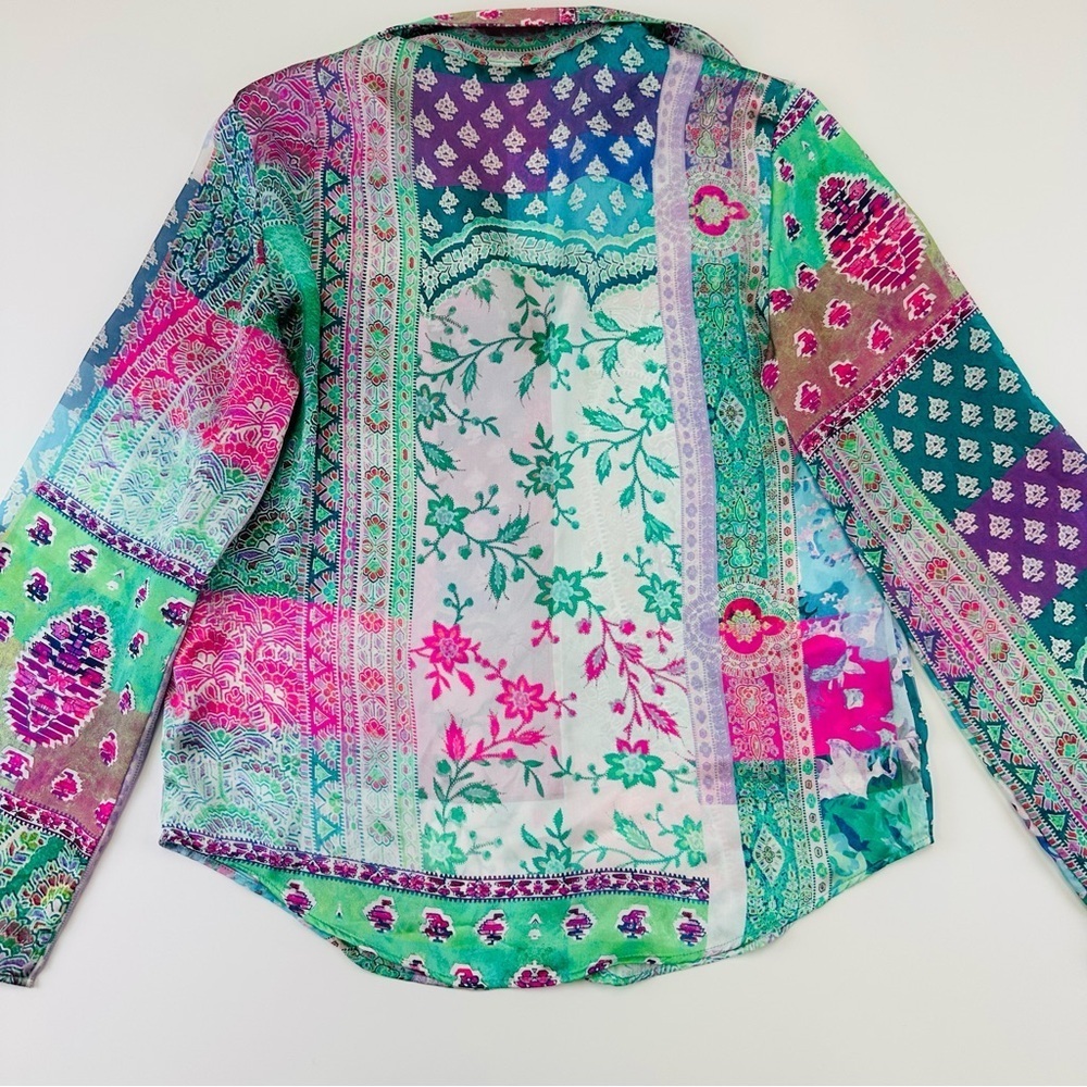 Zara bright patchwork blouse XS Oversize pink turquoise print button up Bohemian - Picture 10 of 11